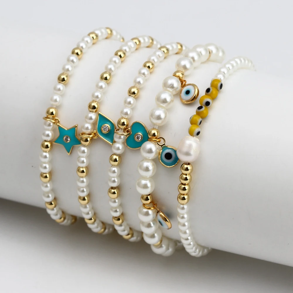 EVIL EYE Gold Color Metal Bead Plastic Pearl Bracelet Handmaded Adjustable Blue Evil Eye Charm for Women Girls BE555 |
