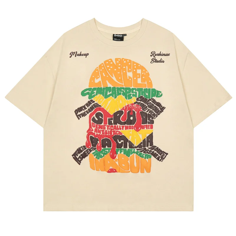 

Men Hip Hop Streetwear Vintage T Shirt Letter Hamburger Print Oversized T Shirts 2022 Summer Harajuku Korean Short Sleeve Tops