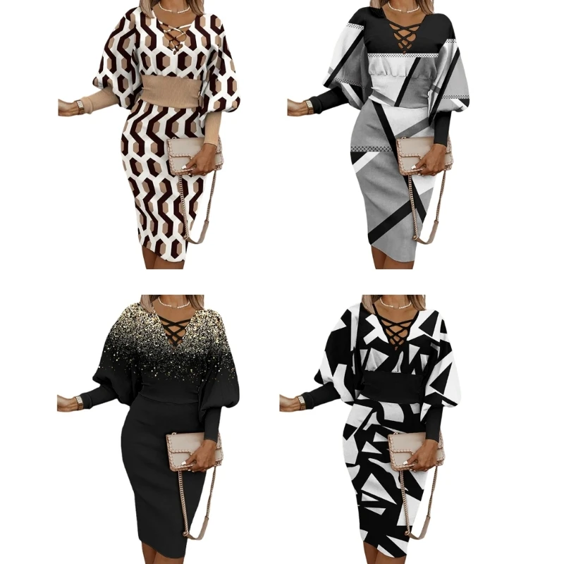 

667E Womens Fall Lantern Long Sleeve Strappy V-Neck Midi Dress Geometric Printed Empire High Waist Slim-Fit Pencil Dresses