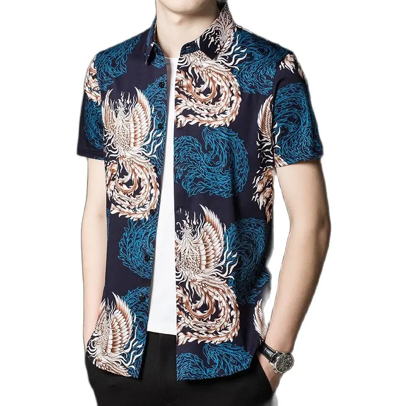 

Summer new men's short-sleeved cotton floral fashion casual ironing print trend shirt M-4XL