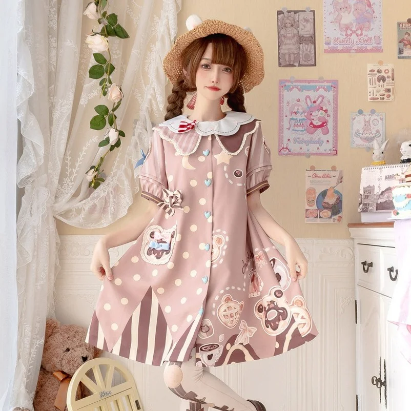 

2022 New Original Bear Lolita Skirt Cute Short Sleeve Op Dress Light Lo Victorian Kawaii Gothic Xl Clothing Fairy Kei Plus Size
