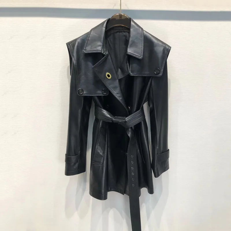 

Женское весеннее пальто из натуральной овечьей кожи, с поясом