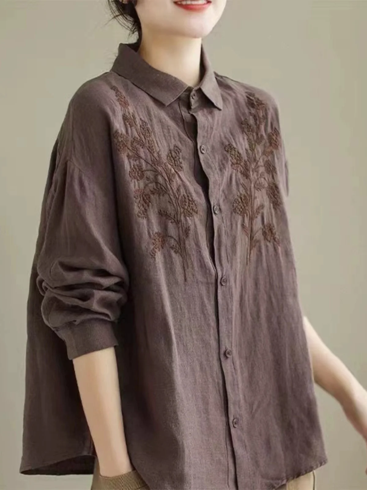 Рубашка из хлопка и льна с вышивкой длиной до рукавов Женская одежда Большие