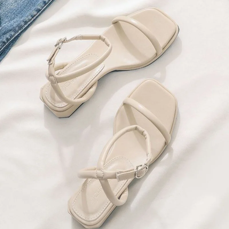Fashion Summer Shoes Women Sandals Narrow Band Vintage Square Toe Ankle Strap Thong Sandals Shape Design Shoes Women 35-40