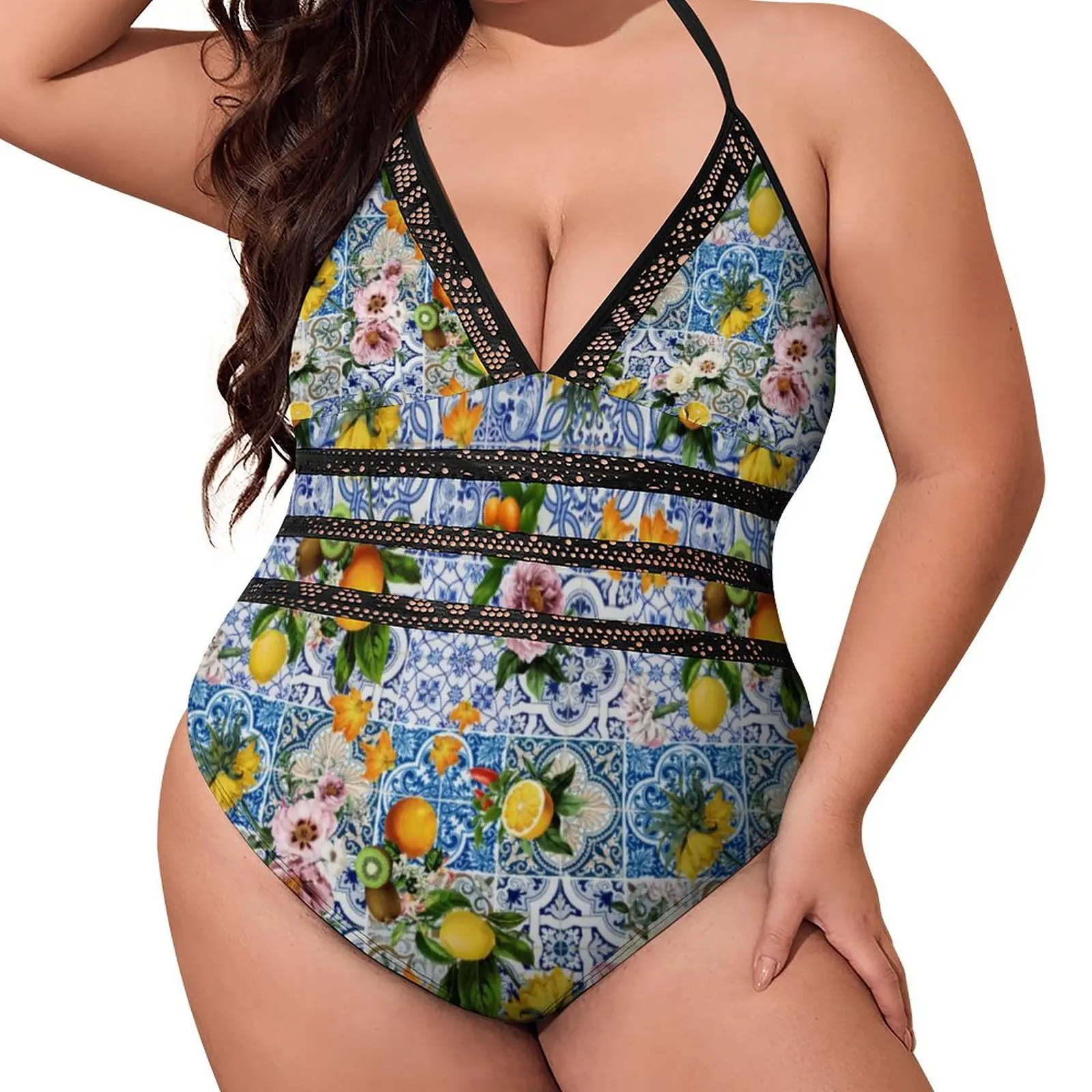 

Желтый лимонный купальник с цветочным принтом, милый слитный купальник с принтом, пикантный купальный костюм пуш-ап с V-образным вырезом, по...