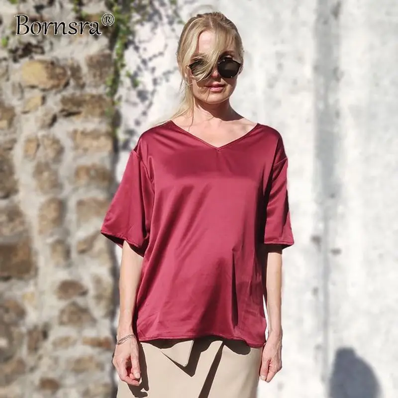 

Bornsra New 2022 Women's Spring Summer T-shirt Bottoming Basic V-neck Fashionable Solid Cotton Wild Lady Casual Tops