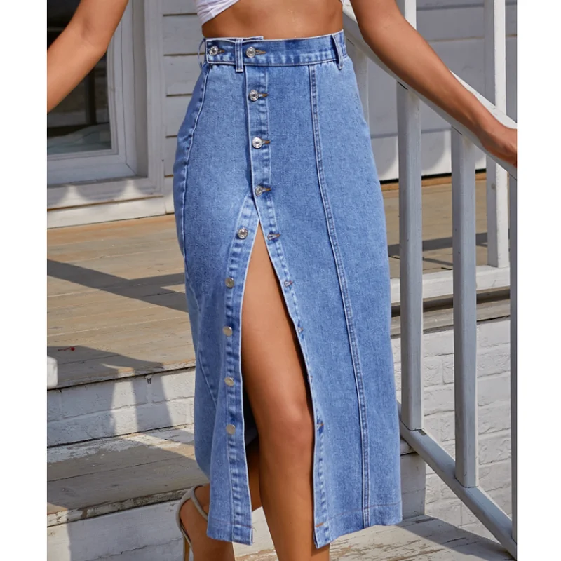 

Women's New Denim Skirt Fashion Button Irregular X Slit Skirt High Waist Mid-length Sexy Denim Casual Women's Skirt Plus Size