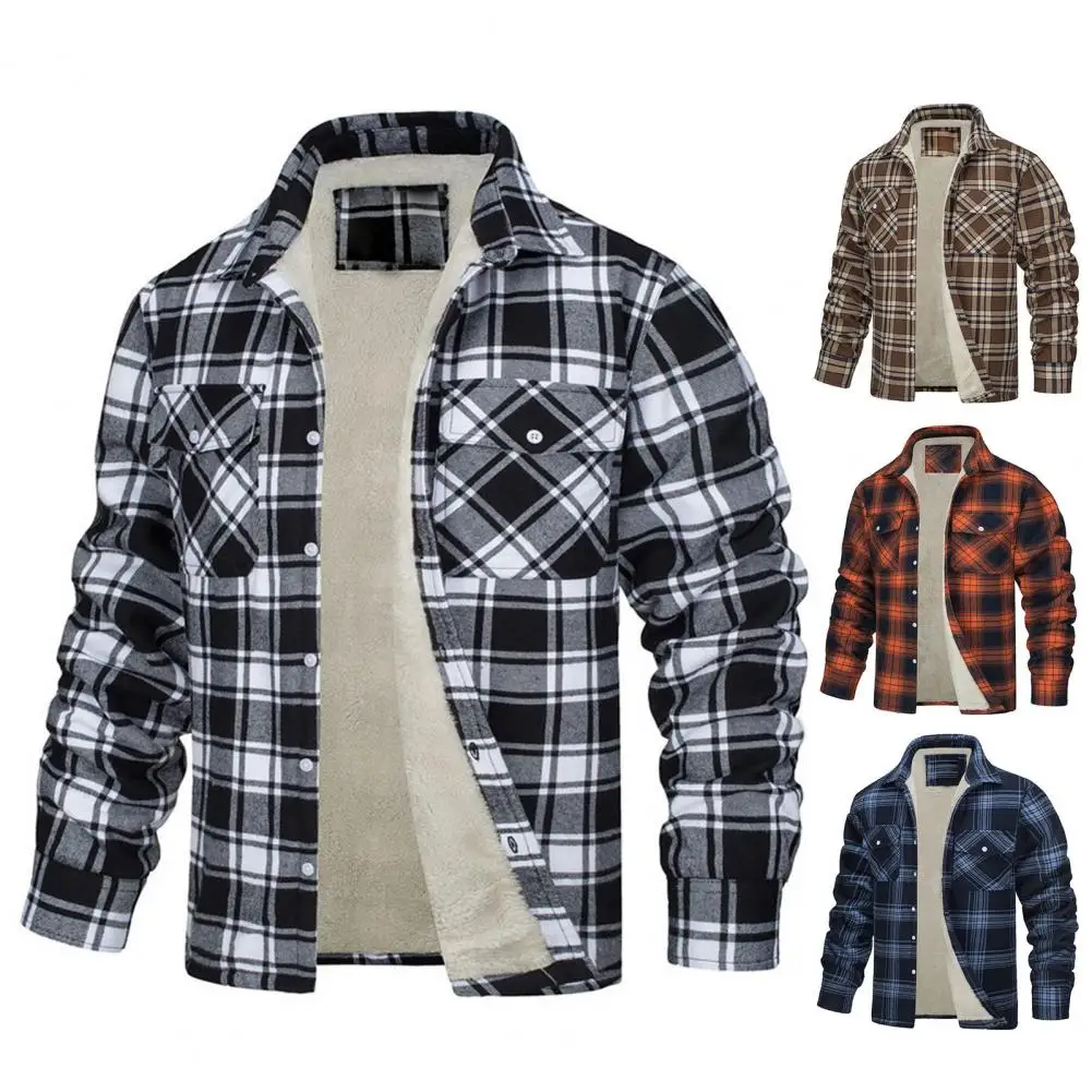 

Men Plaid Jacket Plush Lapel Men's Winter Jacket Stylish Plaid Print Loose Fit Cozy Pockets for A Casual Mid-length Coat Men