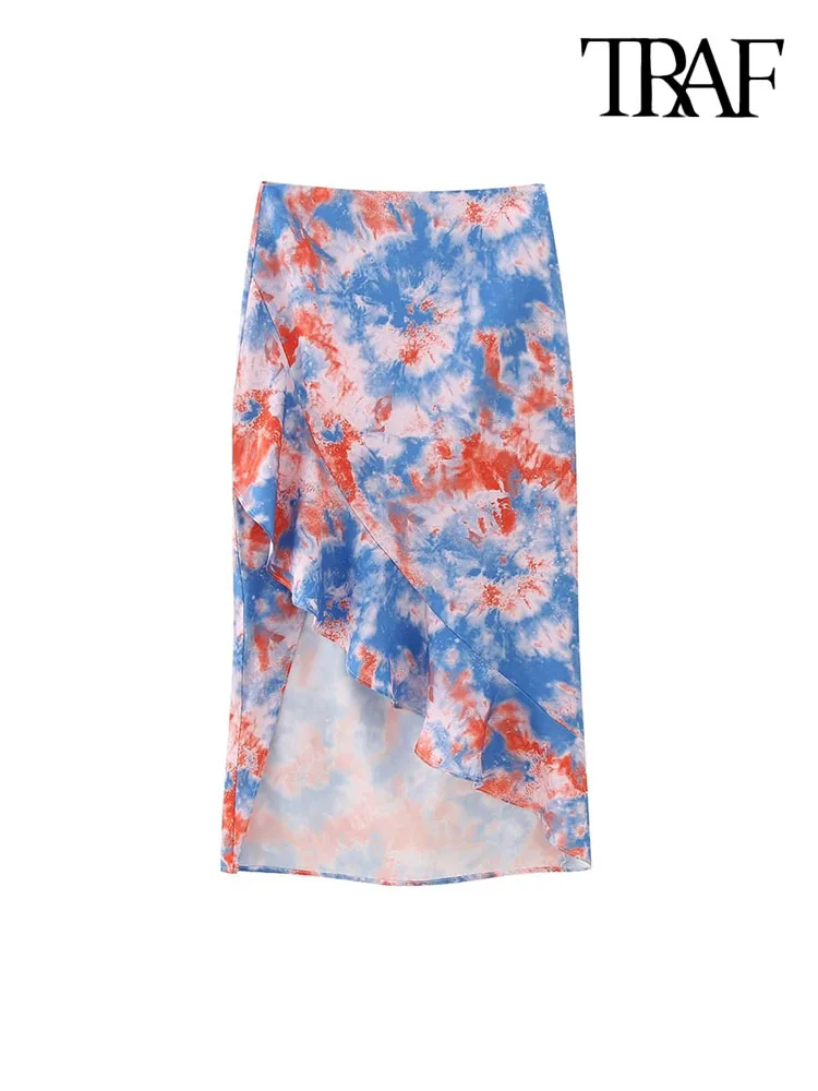 

TRAF Women Fashion With Ruffles Printed Asymmetric Midi Skirt Vintage High Waist Side Zipper Female Skirts Mujer