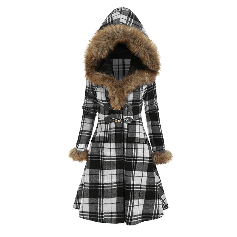 

Hooded Fur Alloy Buckle Slim Check Long Sleeve Women's Wool Mid-Length Coat
