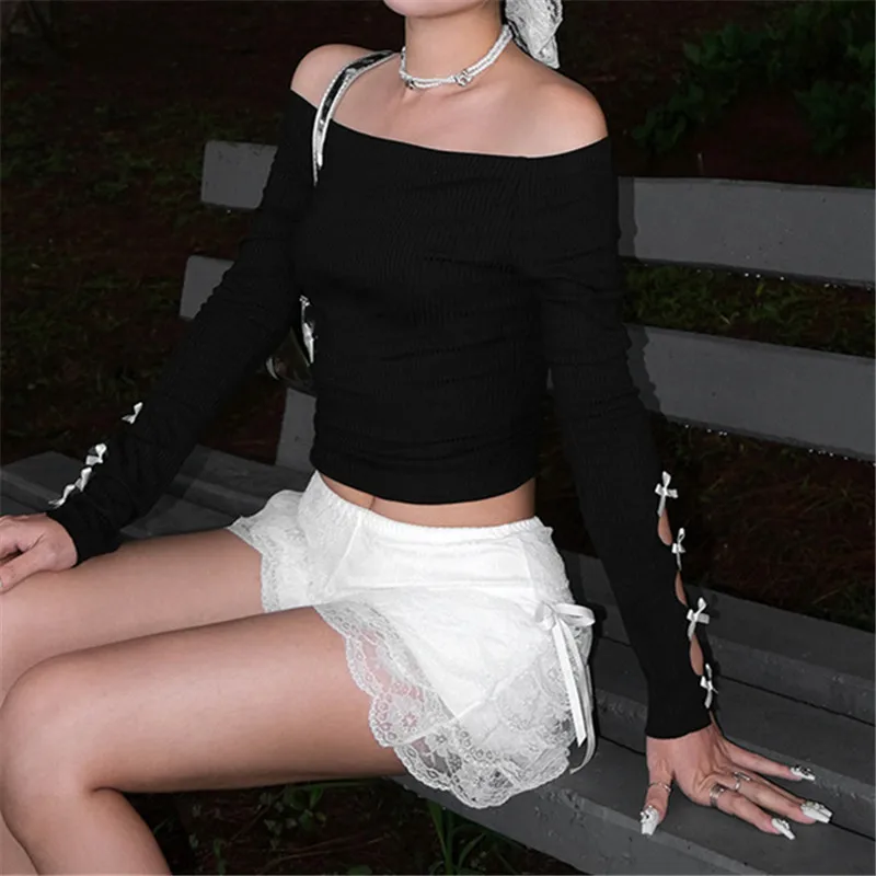 Goth Dark Cyber Y2K Techwear Acubi Fashion Bow Футболка с вырезами на рукавах Сексуальные тонкие топы