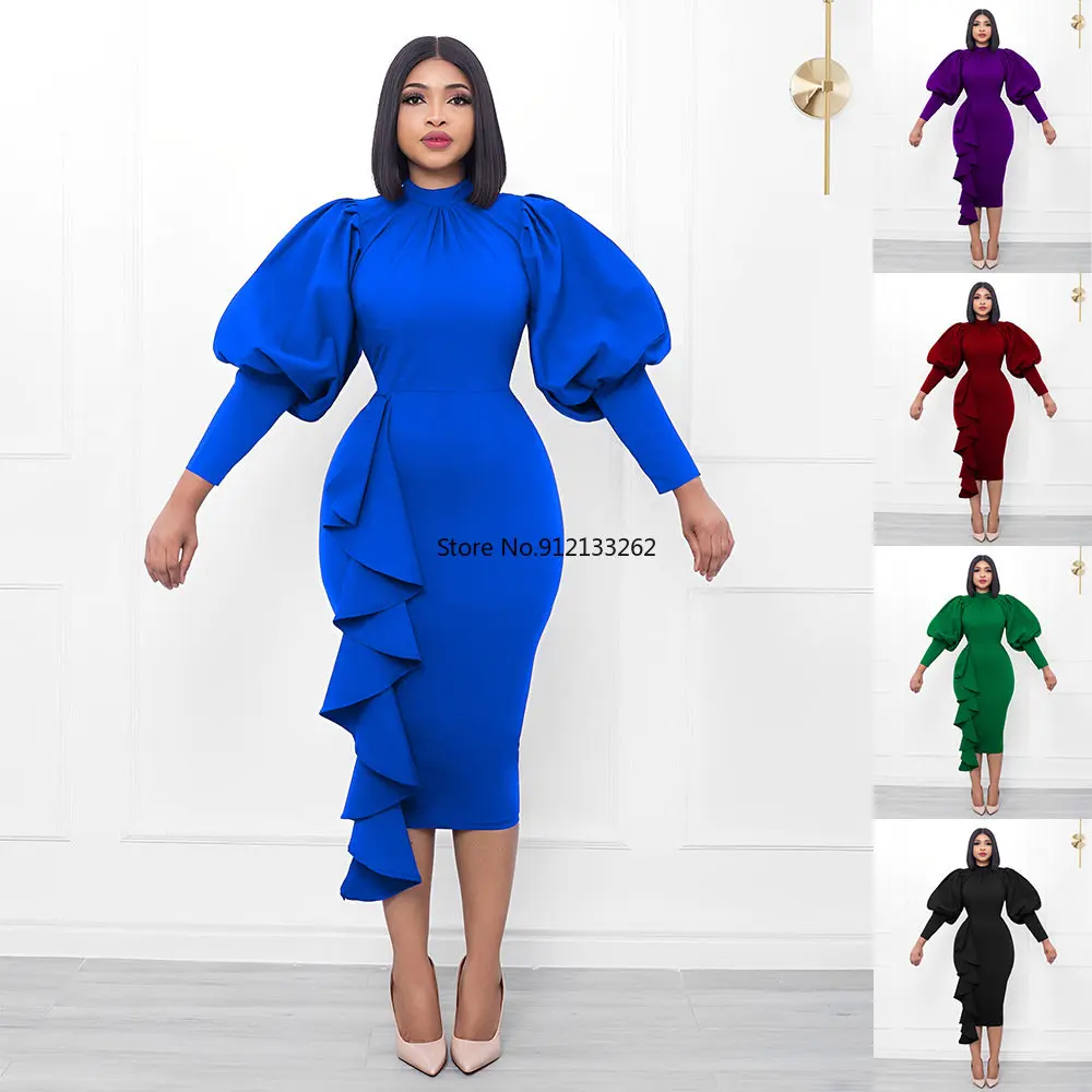 

Elegant African Dresses for Women 2022 Autumn African Women Long Sleeve Polyester Solid Color Knee-length Dress African Clothes