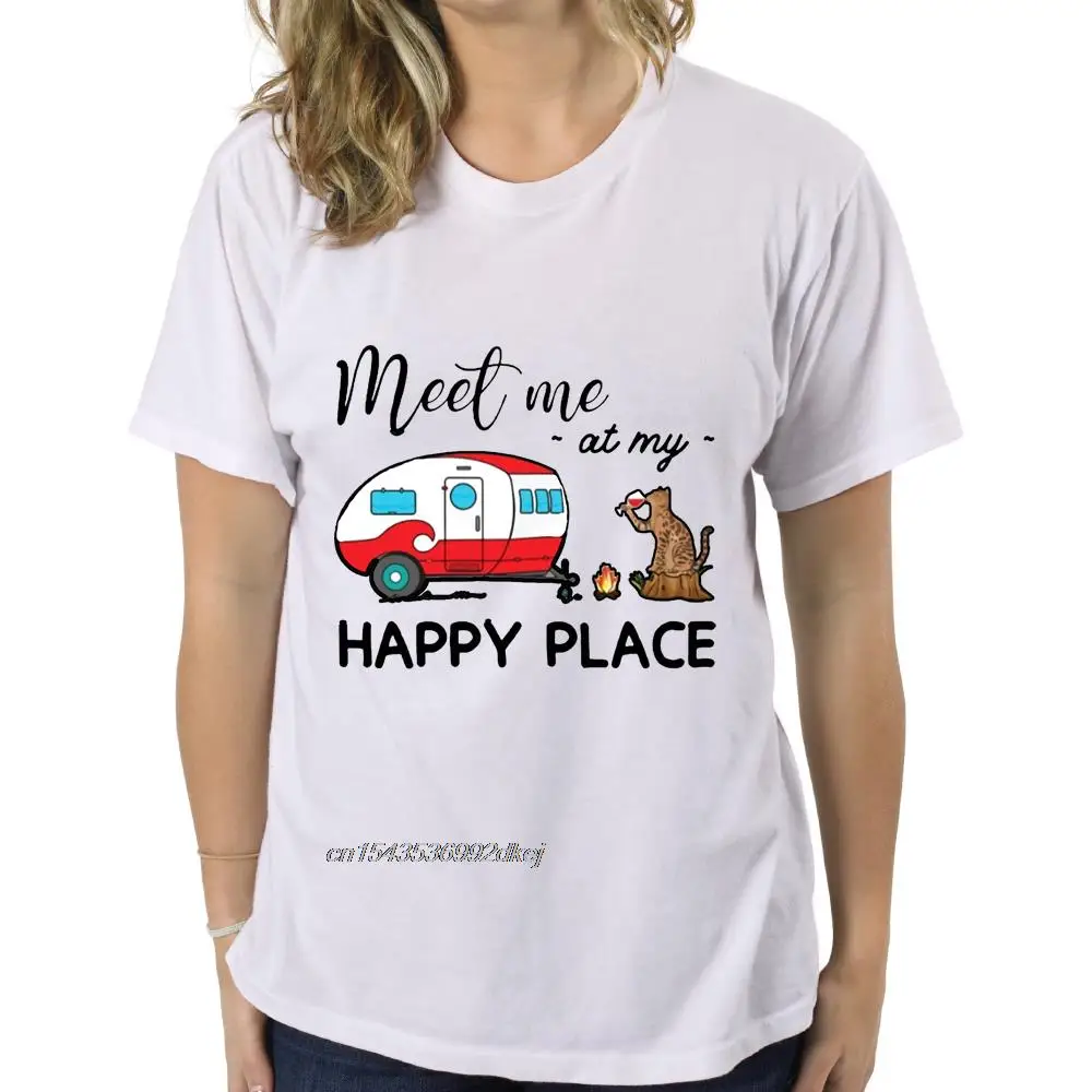 

Men Funny T Shirt Fashion Tshirt Meet Me At My Happy Place Camping Bengal Cat Drink Wine Version Women t-shirt