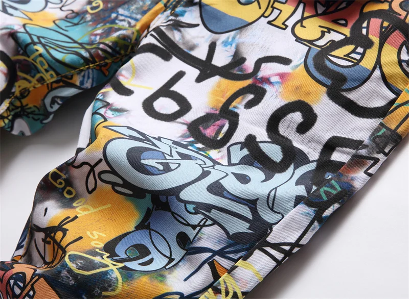 Men's Colorful Graffiti Printed Jeans Y2K Colorful Slim Fit Tapered Elastic Casual Pants Fashion Street Clothing Small Foot Pant