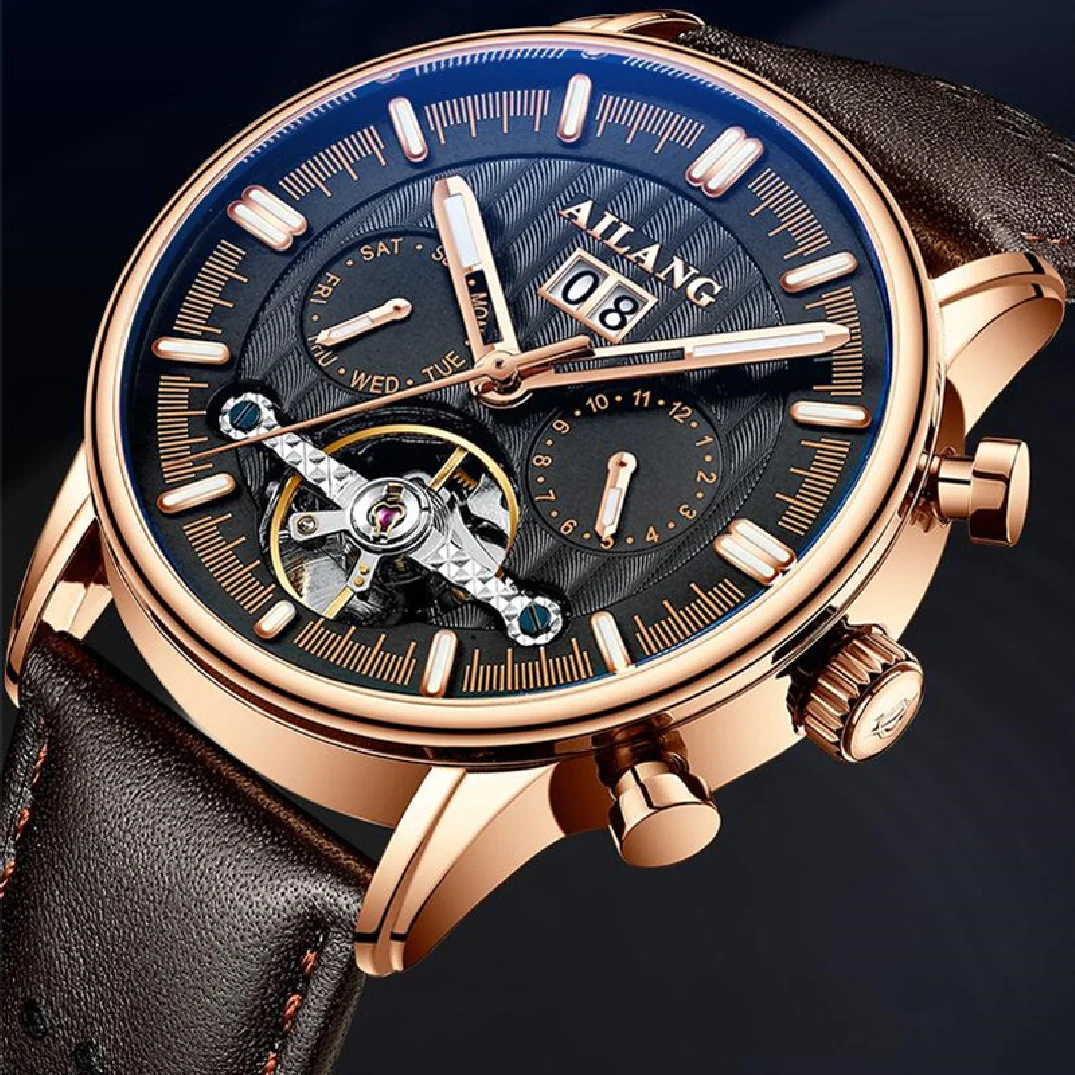 

AILANG 2022 New Tourbillon Business Men Mechanical Wristwatches Luminous Waterproof Fashion Rose Gold Case Leather Men Watch 201