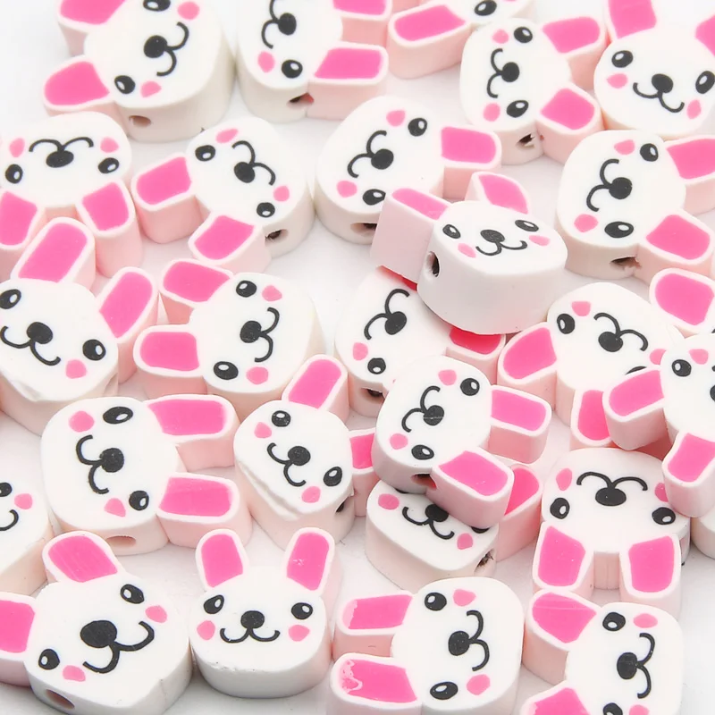 

10x9mm White And Pink Cartoon Rabbit Polymer Clay Beads Loose Beads For Jewelry Making DIY Chains Earrings Necklaces Accessories