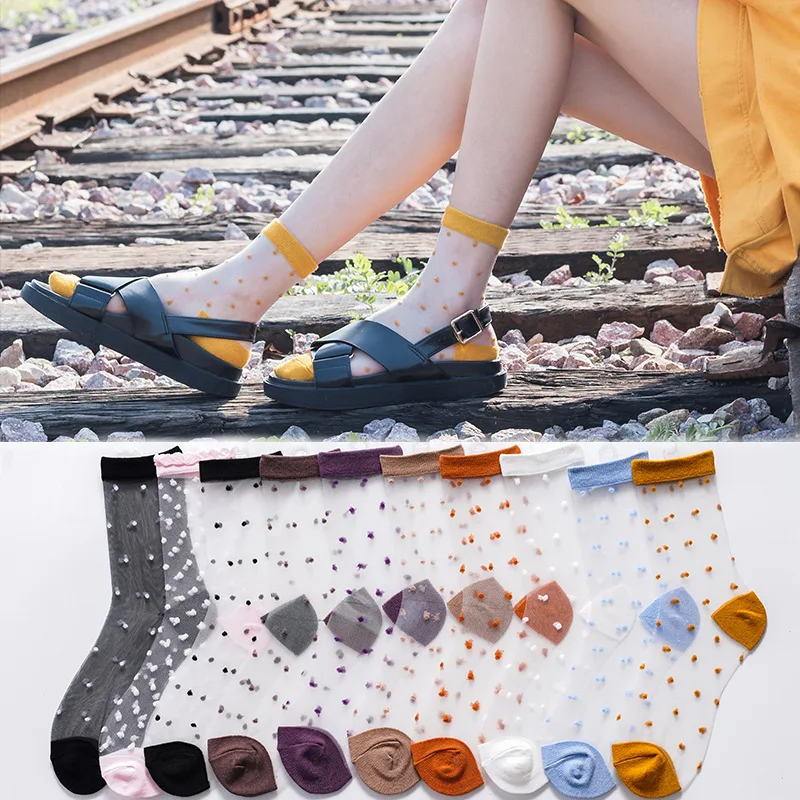 

New 20 PCS = 10 pairs Women Socks Breathable Crystal Glass Silk Kawaii Girl Dot Transparent Candy Colors Summer Sock