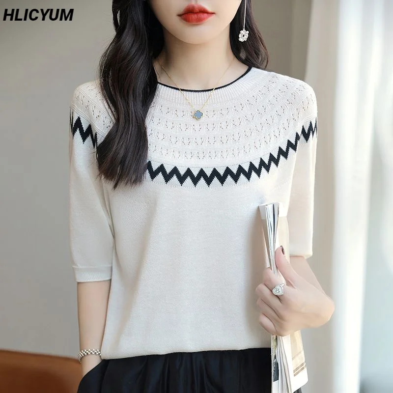 

2023 Summer Thin Hollow Women's Round Neck T-shirt Spliced Short Sleeve Korean Fit Casual Wool Women's Top