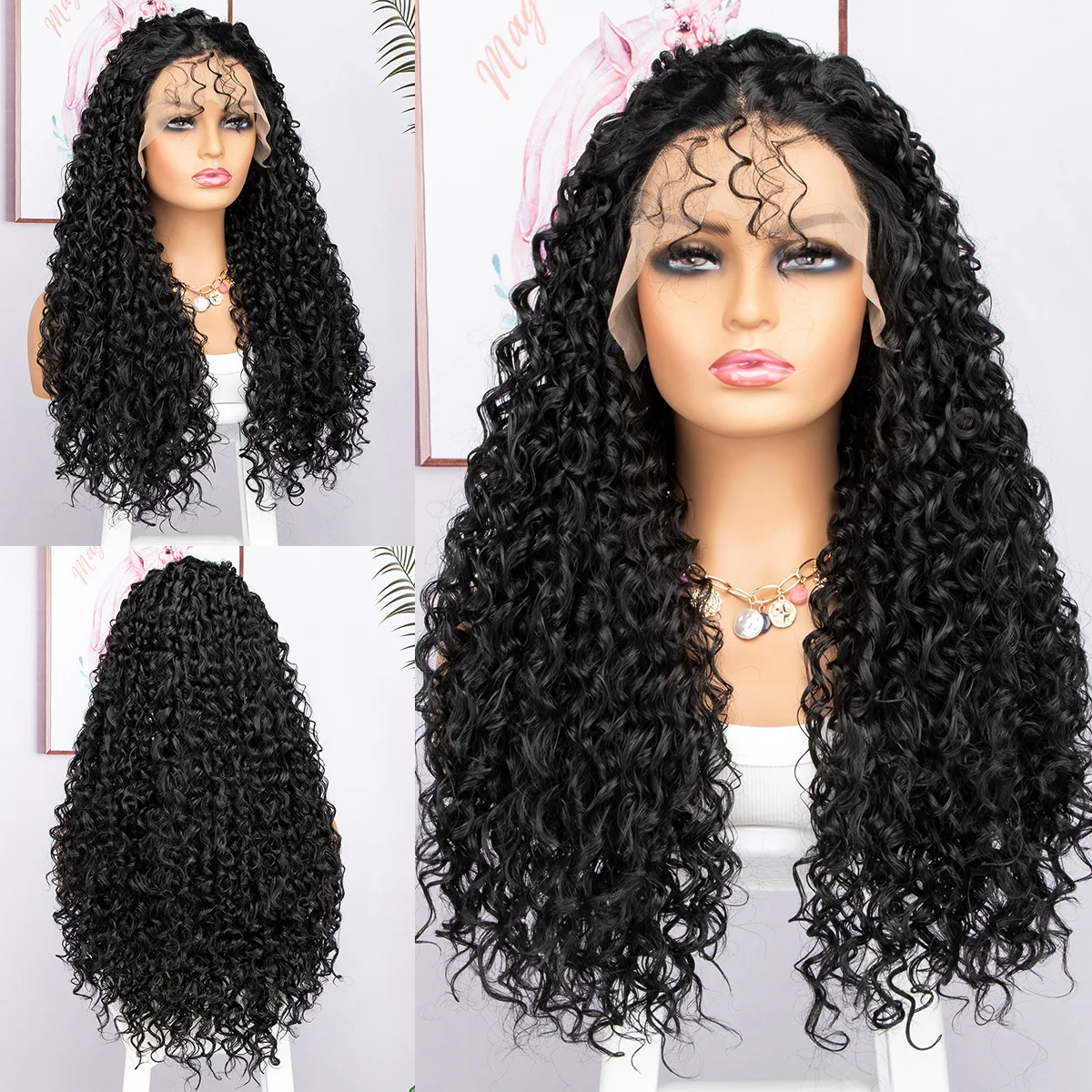 

2022Hand-woven front lace wig headgear black long curly hair chemical fiber headgear T-shaped lace wig hairdressing accessories