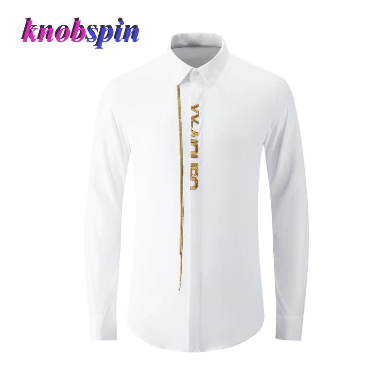 

Brand Letters Embroidered Gold Line Design Men Shirt Fashion Long Sleeve Male Dress Shirts Slim Fit Party Chemise Shirts Men