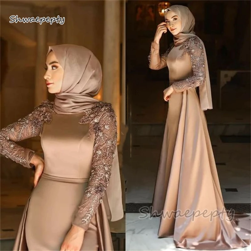 

Скромные мусульманские Вечерние платья с хиджабовой вуалью с бисером кружевные с длинными рукавами элегантные арабские женские свадебные платья на заказ