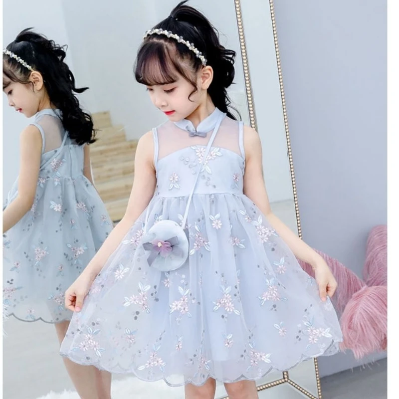 

Платье для девочек летнее Сетчатое платье Hanfu Super Fairy 12 в стиле ретро изысканное платье с вышивкой, 8 цветов 10, детская одежда 7 лет