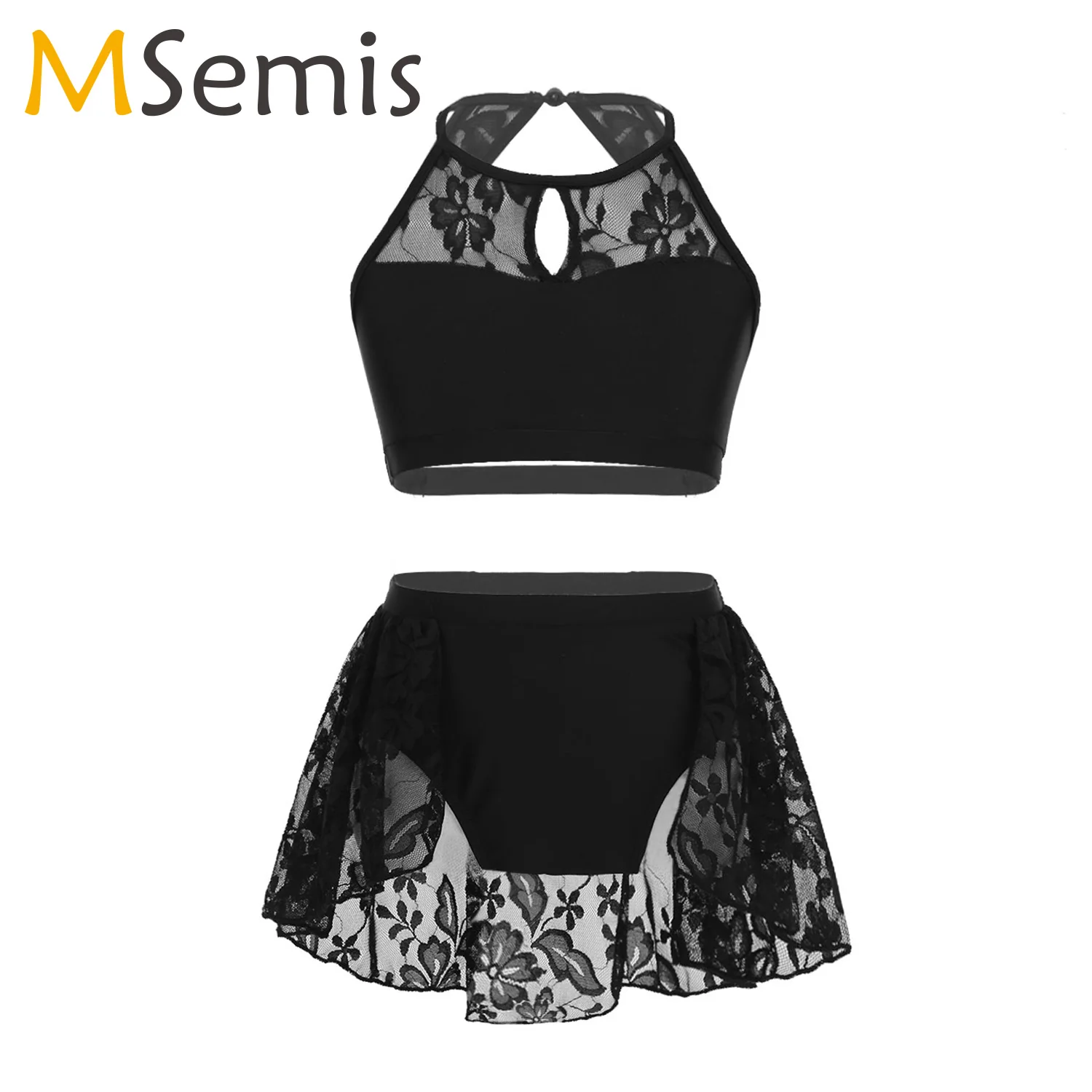 

Kids Girls Ballet Dance Crop Top with Shorts Gymnastics Leotard for Lyrical Modern Contemporary Dance Keyhole Halter Ballet Top
