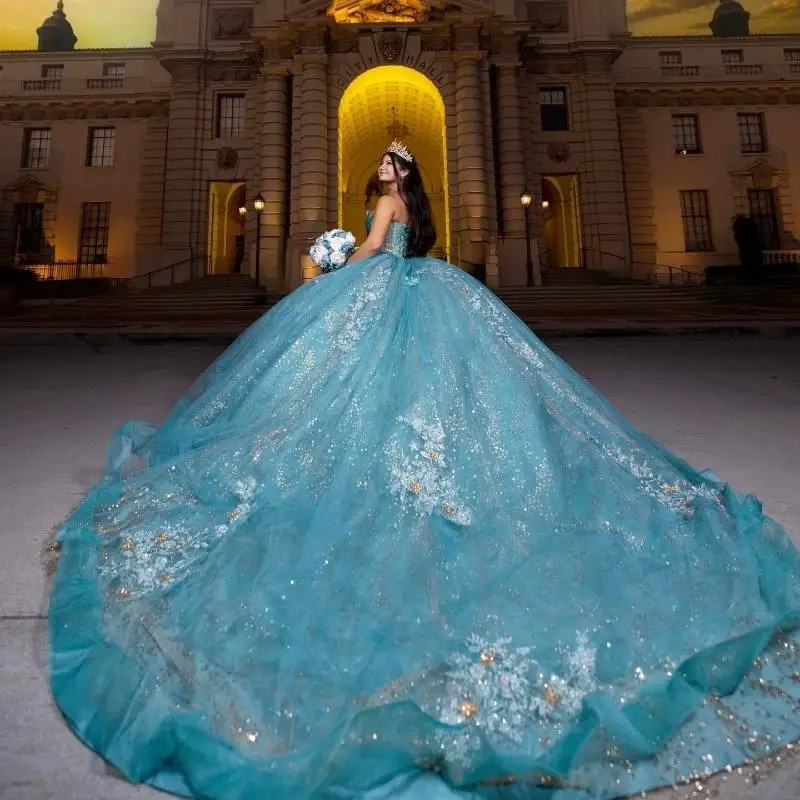 Морское синее блестящее бальное платье Quinceanera Платья с блестками и аппликациями