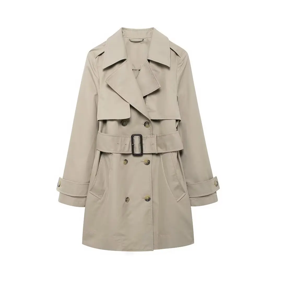 Женская двубортная ветровка с поясом и отложным воротником длинным рукавом