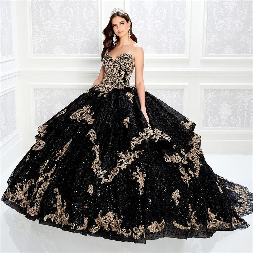 

Shining Black Beaded Ball Gown Quinceanera Dresses Sweetheart Neck Lace Appliqued Prom Sequined Sweep Train Tulle Sweet 15