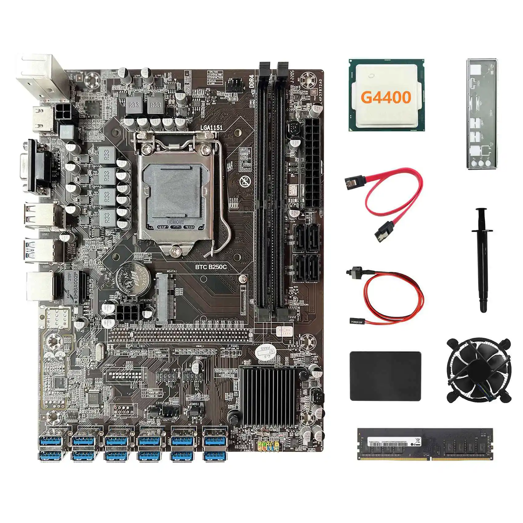 

Материнская плата B250C ETH Miner 12USB + G4400 ЦП + DDR4 8 ГБ ОЗУ + 128 Гб SSD + вентилятор + кабель SATA + коммутационный кабель + термопаста + перегородка