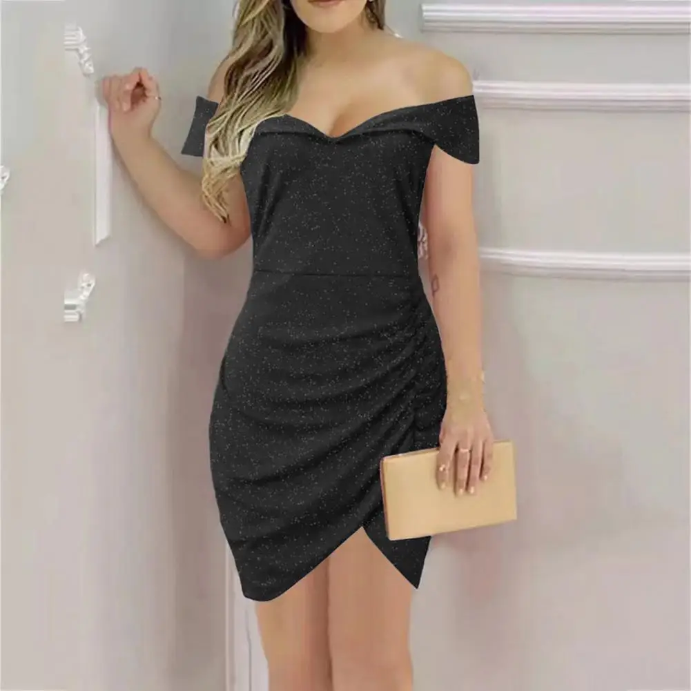 

Summer Dot Print Off Shoulder Women Dress Elegant Short Sleeve Pleated Mini Dress for Party