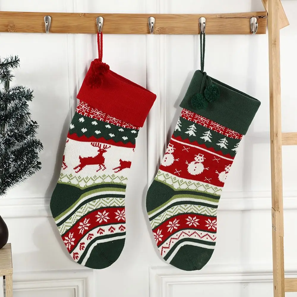 

Home Christmas Tree Decor Kids Candy Bag Snowflake with Pompoms Santa Claus Sock Gift Bag Knitted Christmas Stocking