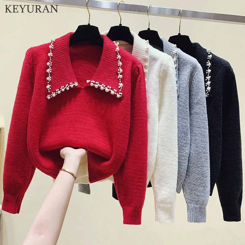 

2022 Autumn Winter Pearl Beading Sweater Women Long Sleeve Peter Pan Collar Pullover Knitted Tops Solid Loose Knitwear Female