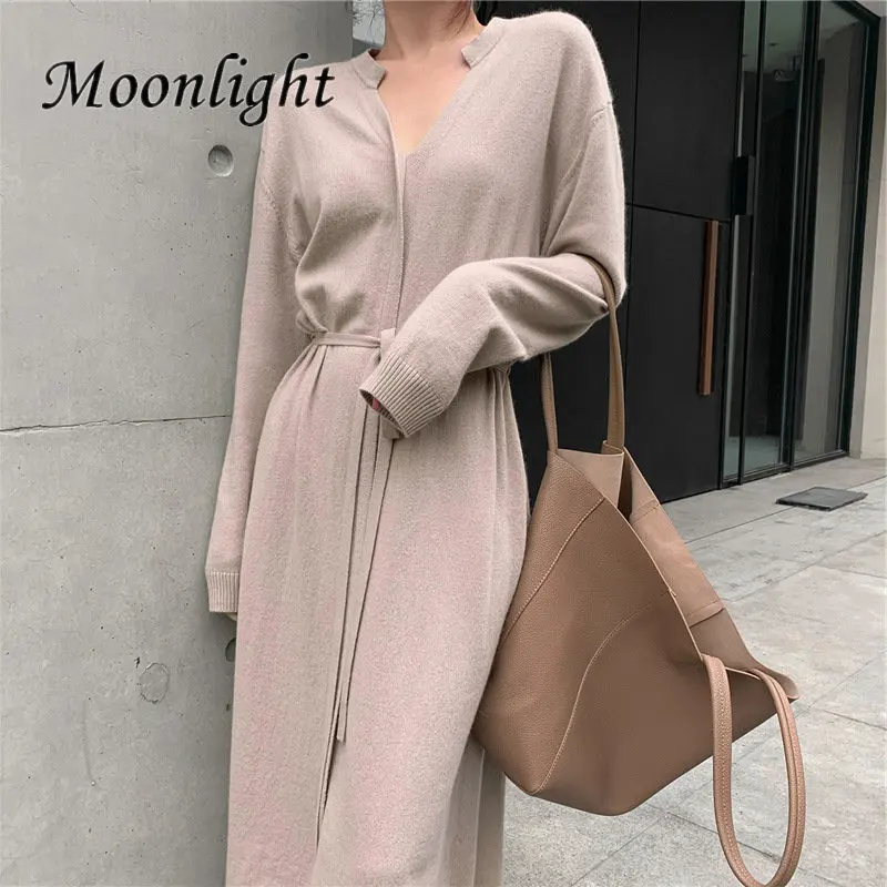 

Vintage Lace-up Knitted Dress Women Winter Elegant V-Neck Long-sleeve Pullover Sweater Dress Korean Plus Size Party Vestidos
