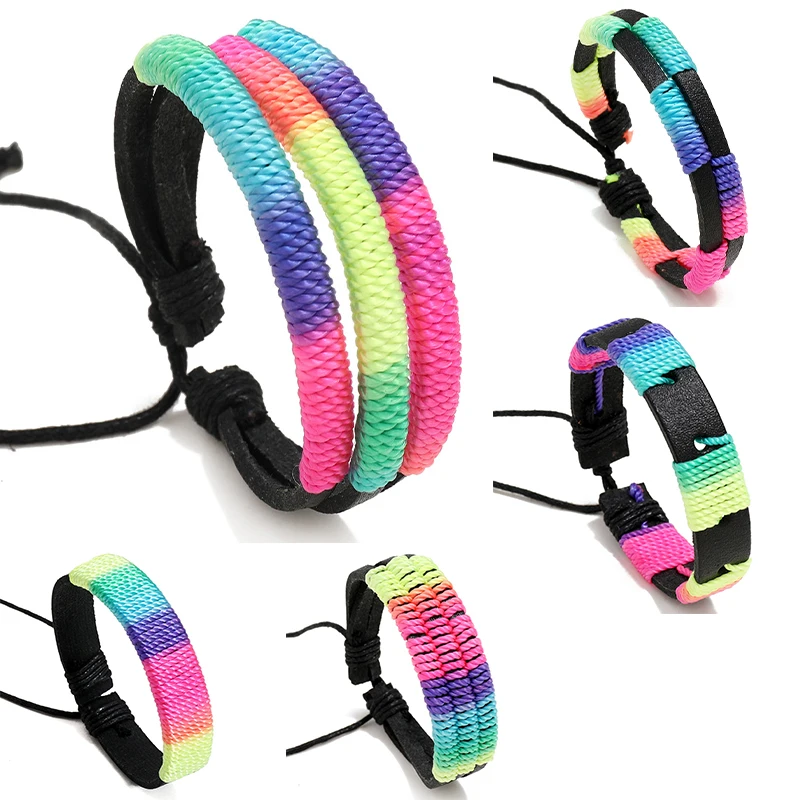 

Trendy LGBT Colorful Hand-Woven Leather Rope Bracelet Simple Rainbow Men And Women Bracelets Bangles Couple Gifts Jewelry