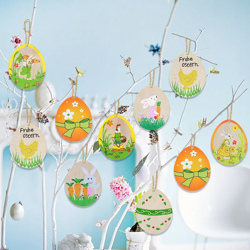 

10pcs/set Egg Painted Rabbit Print Hanging Decoration DIY Hanging Ornament Egg Shaped Wood Pendant Home Party Ornament Kids Gift
