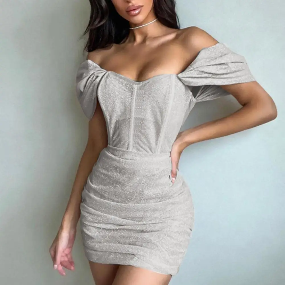 

Summer Dress Women Sheath Off-Shoulder Pleated Short Sleeve Solid Color Chest Wrap Shining Bodycon Mini Dresses for Women 2022