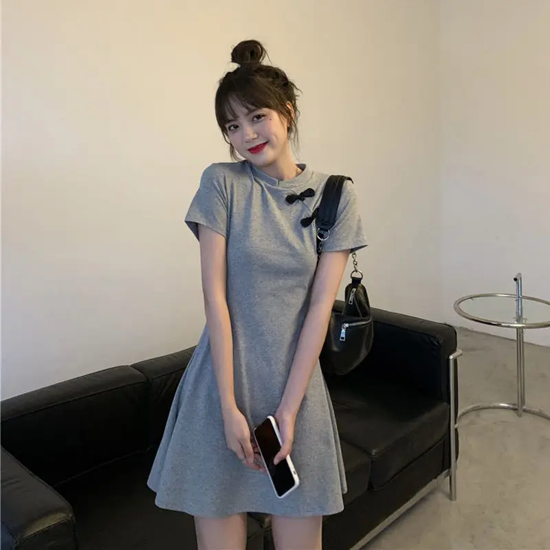 

Summer Short Sleeve Dress Women O-neck Slender Vintage Chinese Style Qipao Students Large Size S-3XL Sweet Mini Dresses Leisure