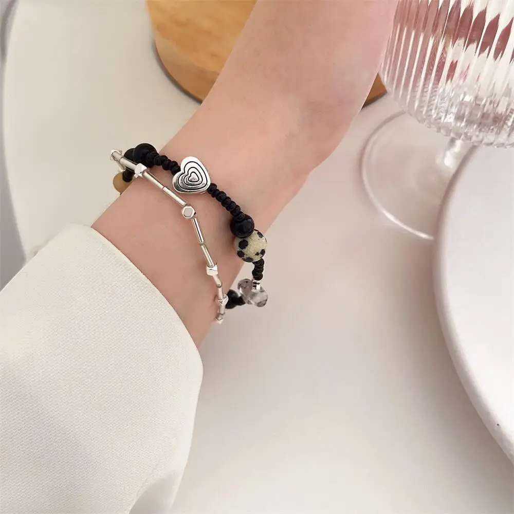

New Black Beaded Double Layer Rice Beads Heart Bracelet for Women Trend Sweet Cool Charm Bracelet Vintage Casual Fashion Jewelry