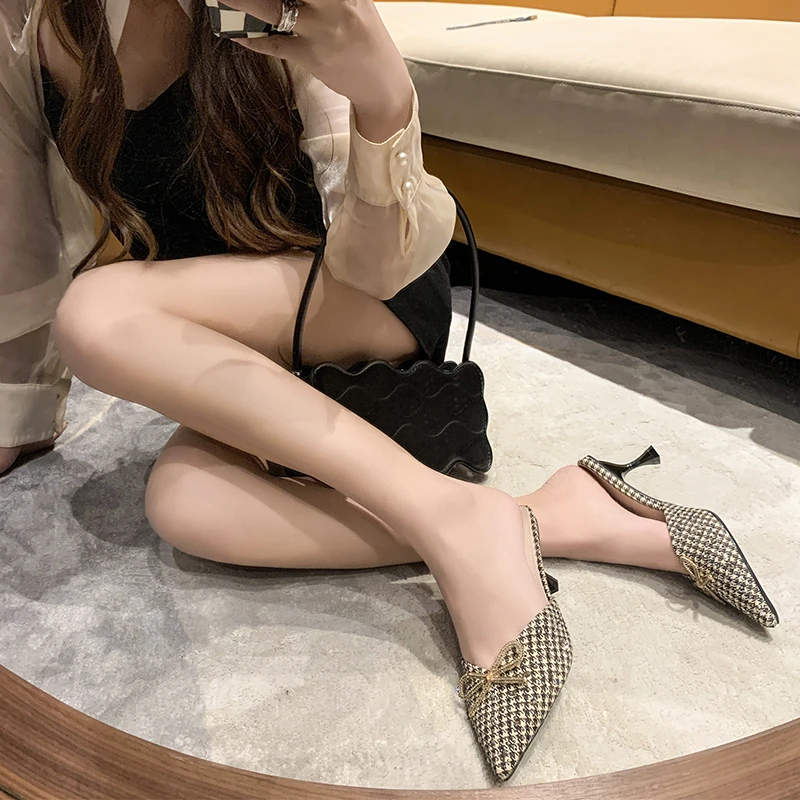 2023 Summer New Semi-slippers Baotou High-heeled Women Wear Fashionable Thin Heel Pointed Bow Shallow Mouth Shoes Women's