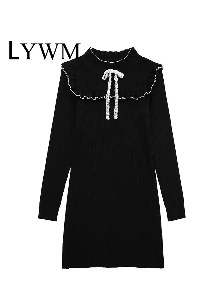 

LYWM Women Fashion Bow Trimmed Knitted Mini Dress Vintage O-Neck Long Sleeves Female Chic Lady Dresses