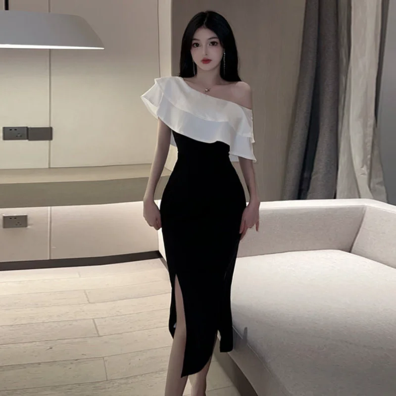 

Summer Sexy Off Shoulder Patchwork Midi Dresses Women Elegant Prom Party Bodycon Vestidos Fashion Female Clothing Fit Split Robe