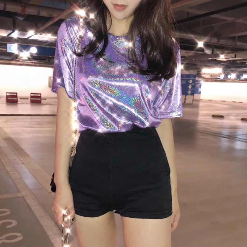New Popular Fashion retro fashionable bright silk shining loose woman T-shirt cute women tshirt Loose Korea streetwear lady tops