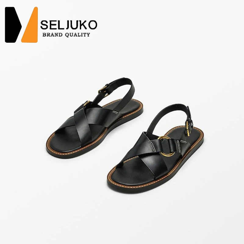 

2022 Summer New Women's Shoes Round Toe Black Outer Wear Basic Top Layer Cowhide Fashion Flat Roman Sandals
