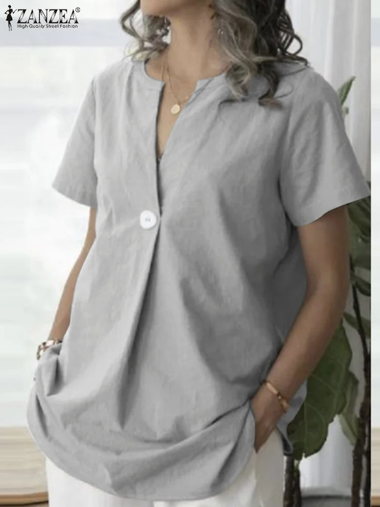 

ZANZEA Solid Color V-Neck Short Sleeve Blusas Tops Summer Women Mujer Tunic Blouse Fashion Casual Loose Elegant Work Shirt 2022
