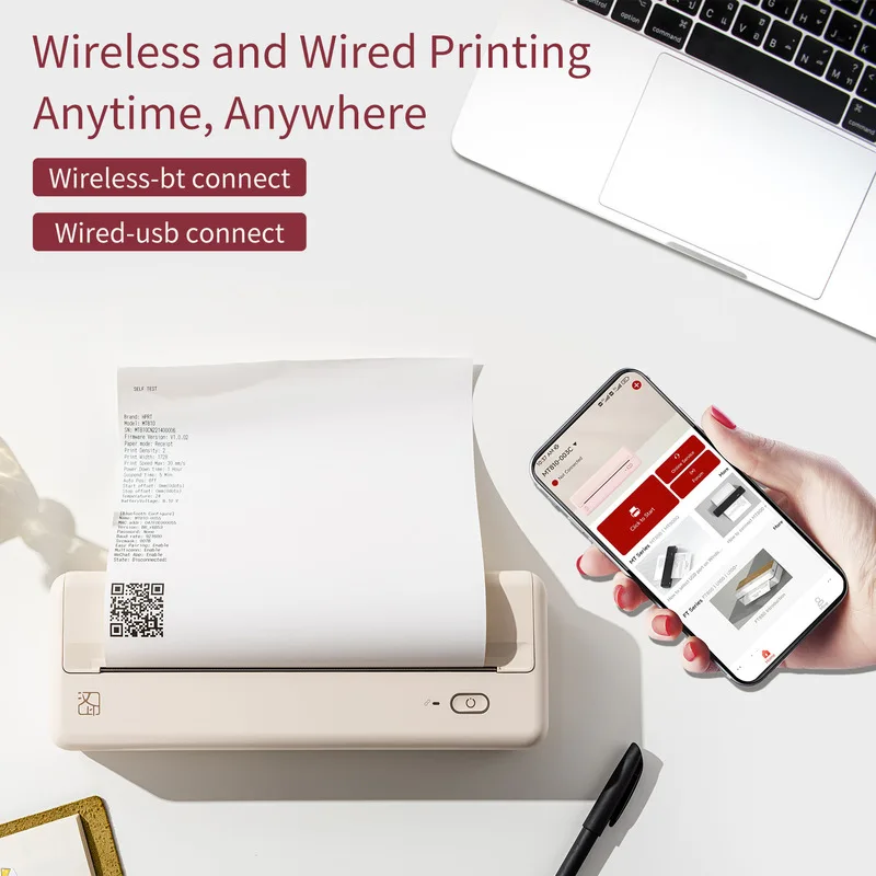 Hprt Chinese Printing Mt810 Wireless Bluetooth A4 Portable Office Student Assignment Inkless Printer Bluetooth Link Office Suppl