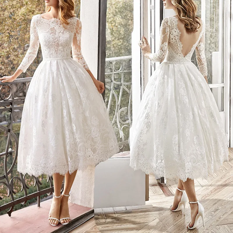 CFED-009 2022Y New Arrivlal Pure White Lace Mid-calf Dress Women's Elegant Wedding Dress Party Formal Dress Slim Fit Dress