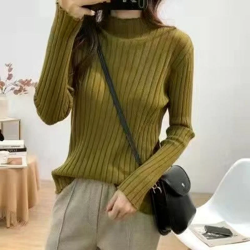 Ribbed Knitting Half High Collar Tops Women Green Casual Long Sleeve Blue Tshirt Skinny White Blouse Lady Clothing Sueter Mujer