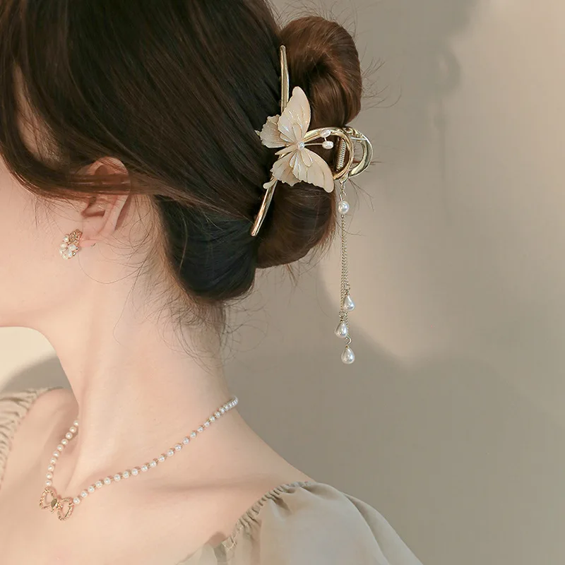 

Chinese Wind Drip Oil Butterfly Pearl Tassel Hair Clip 2022 New Temperament Shark Clip Ladies Summer Elegant Hair Accessories